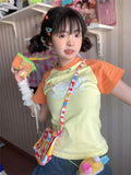 Znbbw Sweet T Shirt Short Sleeve Letter Print Aesthetics Contrast Color Crop Tops Summer Preppy Style Y2k 2000s Girl Clothing