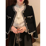 Znbbw Tweed Cropped Jackets Women Elegant Black Coat Korean Thicken Warm Single Breasted Blazer Casual Short Outerwear Tops