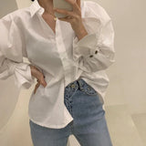 Znbbw White Elegant Puff Sleeve Blouse Women Spring Lapel Neck Single Breasted Blusas Mujer Loose All Match Shirts Tops