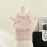 Znbbw Women Halter Collar Tank Crop Tops Female Sleeveless Short Knitted T-Shirt Stretchy Camisole Tees for Slim Girls