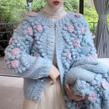 Znbbw Crop Knitted Cardigans Women 3D Flower Sweater Coat Sweet Single Breasted Knitwears Jackets Korean Loose Jumper Outwear