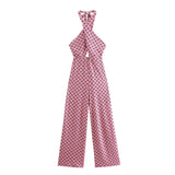 Znbbw Geometric Print Summer summer Backless Jumpsuit Sleeveless Halter Wide Leg Pink Pants Overalls Front Cut Retro Jumpsuit