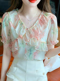 Znbbw Summer Women Tops Ruffles V-Neck Print Chiffon Blouse Shirt Blusas Mujer De Moda 2023 Verano Short Sleeve Blouse Women G688