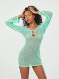 Znbbw Backless Cutout Crochet Knit Beach Mini Dress for Women Bikini Cover-ups Long Sleeve V-Neck Bodycon Short Dresses