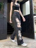 Znbbw Broken Hole Jeans All-Match Distressed Women High Street Hip Hop High Waist Straight Loose Trousers Y2k Washed Mopping Pants