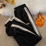 Znbbw Striped Corduroy Sweatpants Women Winter Thick High Waist Drawstring Wide Leg Trousers Y2K Korean All-Match Straight Pants