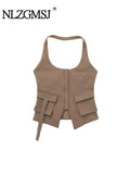 Znbbw TRAF 2023 Halter Top Women Off Shoulder Top Female Pocket Decoration Backless Sexy Tops Woman Summer Bustier Tops