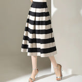 Znbbw Big Black White Striped Baggy High Waist A-Line Skirts For Women Summer Vintage Casual Streetwear Pleated Long Skirts