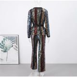 Znbbw Striped Sequins Women Pants Set Elegant Deep V Neck Lace Up Long Sleeve Coat Autumn High Waist Elastic Wide Leg Trouser