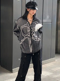 Znbbw High Street Cardigan Knit Coat Zipper Striped Jacquard Design Loose Sweater Autumn Winter Y2k Harajuku Vintage Clothing