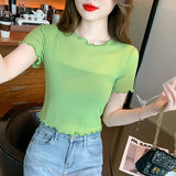 Znbbw Sheath T Shirts Summer Women New Elegant Short Sleeve Crop Tops Girls Solid See-through Mesh Tee T-shirt