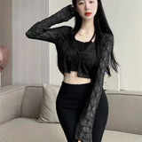 Znbbw Thin Sun Protection Cardigan Women Korean Loose V-neck Lace Crop Tops Y2K Ladies Fashion Argyle All-match Cardigan New