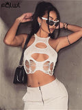 znbbw Summer Sexy Solid Halter Crop Tops Club Outfits For Women 2023 White Hollow Out Sleeveless See Through Tank Top Female