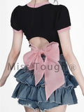 Znbbw Korean Style Two-piece Set Women Bow Black Crop Tops + Denim Skirt Shorts Japanese Casual Elegant Vintage Skirt Suit 2024
