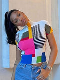 Znbbw Patchwork Printed Turtleneck T-Shirt Women Fashion Streetwear Short Sleeve Tops 2023 Summer Ladies Elegant Tee Shirts