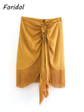 Znbbw High Waist Bodycon Tassel Mini Skirt Women Summer Spring Irregular Slit Brown Short Bowknot Skirt Ladies Bottoms Brown