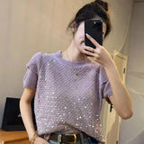 Znbbw style sequin round neck flower bud short sleeved knitted sweater for women's spring new gentle style loose top