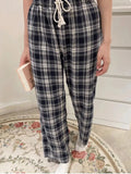 Znbbw Plaid Drawstring Casual Pants Women Autumn Soft Cotton Baggy Comfort Sweatpants Harajuku Streetwear Straight Trousers