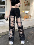Znbbw Broken Hole Jeans All-Match Distressed Women High Street Hip Hop High Waist Straight Loose Trousers Y2k Washed Mopping Pants