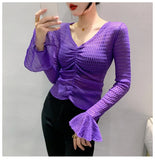 Znbbw V-neck Jacquard Flare Long Sleeve T-shirt Women's See Throught Pleated Cropped Slim Fit T Shirts Tops BH1906