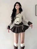 Znbbw Harajuku Gyaru Matching Sets Striped Long Sleeve Crop Tops High Waist Pleated Mini Skirts Autumn Design Women's Clothing