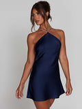 Znbbw Satin Halter Backless Mini Dress For Women Robe New Off-shoulder Sleeveless Lace-up Bodycon Club Party Sexy Dress