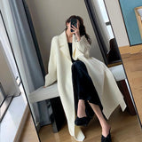 Znbbw Midi Wool Blends Coat Women Korean Thicken Long Bandage Jackets Oversized Lace Up Outwear White Cardigan Woolen Overcoat