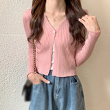 Znbbw Women Korean V Neck Solid Colour Button up Casual Long Sleeves Knitted Cardigan T-shirt