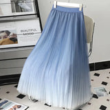 Znbbw Gradient Pleated Skirt Women High Waist Chic Elastic Mesh Midi Skirt Y2K Lady Fashion Loose Korean All-Match A Line Skirt