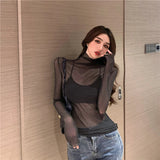 Znbbw T Shirts Women Transparent Tops Long Sleeve Slim Turtleneck Stretchy T-Shirt Autumn Tees