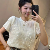 Znbbw style sequin round neck flower bud short sleeved knitted sweater for women's spring new gentle style loose top