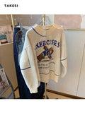 znbbw Grey Letter Bear Printing Pullover Sweater Female Loose O-Neck Long-sleeved Knitted Tops Women Autumn and Winter 2023