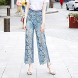 Znbbw Waist Pantalones De Mujer Lace Patchwork Hollow Out Fashion Elegant Jeans for Women All Match Casual Loose Summer Pants