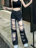 Znbbw Broken Hole Jeans All-Match Distressed Women High Street Hip Hop High Waist Straight Loose Trousers Y2k Washed Mopping Pants