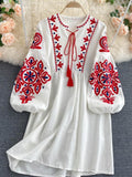 Znbbw Autumn Women's Retro Ethnic Embroidered Dress Lantern Sleeves Bohemian Holiday Dress Women GD678