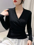 Znbbw Spring Crossed V Neck Folds T Shirts Lady Long Sleeve High Stretch Tops Elegant Soft Tee Shirt For Woman HF8705