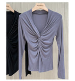 Znbbw Cotton Twisted V-neck T-Shirts Tees Female Long Sleeve High Elasticity Elegant Stretchy Tshirt Tops For Women