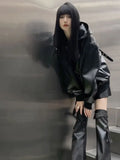 Znbbw Streetwear Hoodies PU Leather Solid Color Kangaroo Pocket Long Sleeve Sweatshirts Autumn Casual Loose Women's Clothing