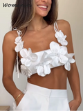 Znbbw 3D Flower Sling Vest Women White Sleeveless Backless Crop Waistcoat 2024 Spring Summer Fashion Lady All-match Streetwear