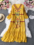 Znbbw Autumn Women Dress Seaside Vacation Beach Skirt Bohemian Loose Ethnic Style Temperament Embroidered V-Neck Dress D1827