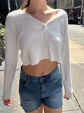Znbbw White Button Knitted Cardigan Women Autumn Solid V Neck Cotton Casual Pullover Sweater Harajuku Sweet Loose Crop Top Y2k