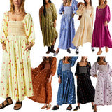 Znbbw Women's Flower Embroidered Long Dress Bodycon Lantern Sleeve Square Neck Tiered Flowy Dress Bohemian Summer Beachwear Dresses