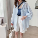 Znbbw White Transparent Chiffon Blouse Chic Women Summer Oversize Puff Long Sleeve Shirt Korean Style Cardigan Basic Sheer Top