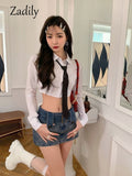 znbbw Summer Japan Style Long Sleeve White Shirt Women top with ties JK Button Up Cotton Crop Tops Female Sexy Blouse Clothing