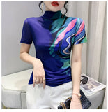 Znbbw Summer Women Half Turtleneck Short Sleeve T Shirts Lady Elastic Tops Tees Female Basic Fashion Printing Mesh T-Shirt