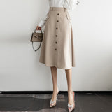 Znbbw Women's Skirts High Waist Single-Breasted Midi Skirts With Poakets Elegant Office All-Match Casual A-Line Skirts Jupe Femme