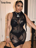 Znbbw Women Sexy Knitted See Through Party Club Bodycon Sleeveless Hollow Out Black Mini Dress 2023 Summer Clothes Streetwear