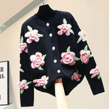 Znbbw Sweater Female 2024 Cardigan Women Sweater Loose Outer Coat Long Sleeve 3D Flower Round Neck Knitted Cardigan Female