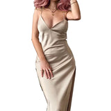 Znbbw European and American spring and summer camisole women's clothing with elegant temperament, satin slit dress