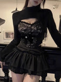 Znbbw Sexy 3 Piece Set Women Fashion Lace Design New Y2K Suit Female Long Sleeve Coat + Black Strapless +pleated Skirt Spring